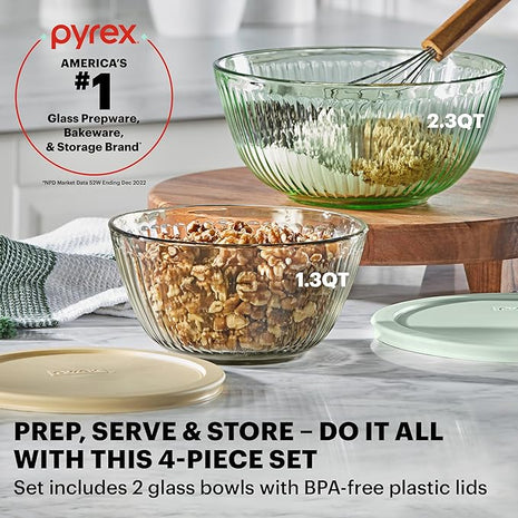 Pyrex Colors Tinted 4-PC, Small/Medium Glass Mixing Bowls With Lids, Nesting Space Saving Set of Bowls For Prepping and Baking, 1.3QT & 2.3QT