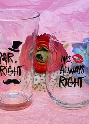 Funny Mr. Right and Mrs. Always Right Novelty Wine Glass and Beer Glass | Includes Fun, Stylish Gift Box | For Weddings, Engagement, Newlywed, Bachelorette, Anniversary, Couples Gifts
