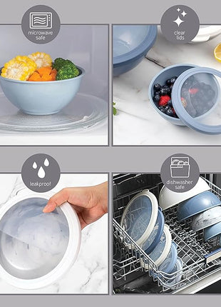 COOK WITH COLOR Mixing Bowls with TPR Lids - 12 Piece Plastic Nesting Bowls Set includes 6 Prep Bowls and 6 Lids, Microwave Safe Mixing Bowl Set (Blue and White)