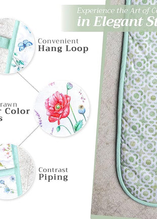 Maison d' Hermine Double Oven Mitts 100% Cotton 7"x35" Double Oven Mitt Heat Resistant BBQ Cooking Gloves with Loop, Baking, Grilling, Home, Kitchen, Handling Hot Pans Spring Summer (Just Floral).