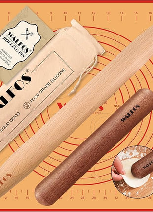 Walfos French Rolling Pin Set - Natural Wooden Rolling Pins (8inch, 15.7inch) With Non-stick Silicone Fiber Pastry Mat, Baking Dough Roller for Pizza, Pie, Pasta, Bread, Pastry