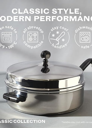 Farberware Classic Series Anniversary Edition Stainless Steel Sauté Pan and Lid with Helper Handle, Induction Suitable, 6 Quart Jumbo Cooker, Metal Utensil Safe - Stainless Steel