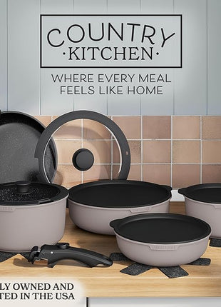 Country Kitchen Cookware Set with Removable Handle, Oven & RV Safe Pots and Pans Set, Grey/Black, Original