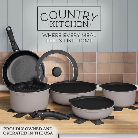 Country Kitchen Cookware Set with Removable Handle, Oven & RV Safe Pots and Pans Set, Grey/Black, Original