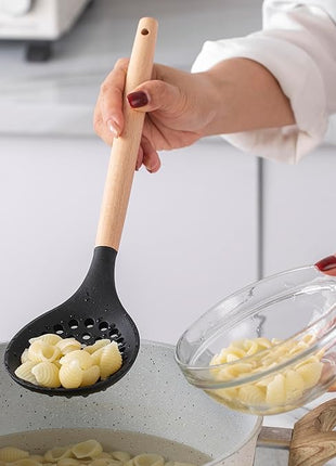 Country Kitchen Non Stick Silicone Utensil Set with Rounded Wood Handles for Cooking and Baking, 14 Piece Set, Black