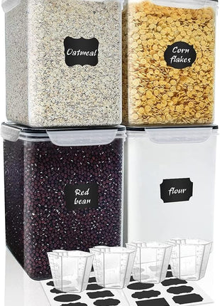 Large Food Storage Containers 5.2L (175oz), MCIRCO 4 Pieces Plastic Airtight Food Storage Containers for Flour, Sugar, Baking Supplies, with 4 Measuring Cups and 20 Labels