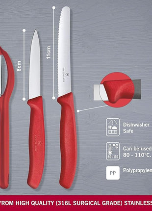 Victorinox Swiss Classic Paring Knife Set with Peeler - Includes a Straight Edge & Serrated Paring Knife, & Fruit & Vegetable Peeler - Red Handle, 3-Piece Set