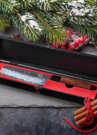 MITSUMOTO SAKARI Nakiri Chef Knife 7 inch - Hand Forged Japanese Kitchen Knives, 3-Layer 9CR18MOV High Carbon Steel, Rosewood Handle & Sandalwood Box