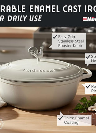 MUELLER HOME 5.5 Quart Enameled Cast Iron Oval Dutch Oven with Rooster Knob & Cotton Potholders, Heavy-Duty Cookware, Oven-Safe up to 500° F & Across All Cooktops, Gifts for Grandma & Women, White