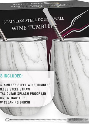 CHILLOUT LIFE 12 oz Stainless Steel Wine Tumblers 2 Pack - Double Wall Vacuum Insulated Wine Glasses Cups with Lids and Straws Set Keeping Cold & Hot for Coffee, Beer, Ice Cream - Carrara Marble