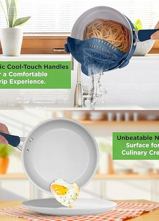 NutriChef 14-Piece Navy Blue Nonstick Cookware Set - Durable Pots and Pans Set with Lids & Utensils, Compatible with All Cooktops