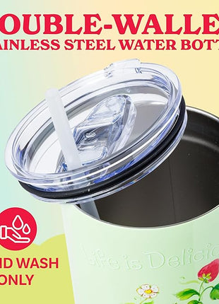 Silver Buffalo Strawberry Shortcake and Custard “Life is Delicious!” Stainless Steel Tumbler with Handle, Fits in Standard Cup Holder, 40 Ounces