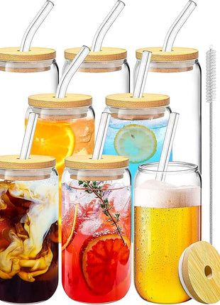 Drinking Glasses with Bamboo Lids and Glass Straw 8PCS Set, 16oz Glass Cups with Lids and Straws, Beer, Iced Coffee Glasses, Soda, Gift 2 Cleaning Brushes