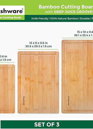 Freshware Wood Cutting Boards for Kitchen - Bamboo Cutting Board Set of 3, Cutting Boards with Juice Grooves, Serving Board Set, Chopping Board for Meat, Veggie, Easy Grip Handle (9x6", 12x8", 15x10")