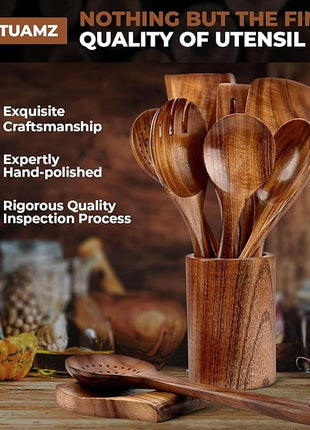 SPATUAMZ Wooden Spoons for Cooking, Teak Wood Kitchen Utensil Set for Nonstick Cookware, Durable Cooking Spatulas Set of 9 with Holder and Spoon Rest