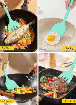 Pack of 2 Silicone Spatula Turners, Non Stick Slotted Kitchen Spatula Set, Heat Resistant BPA Free Kitchen Utensils, One-Piece Design, Suitable for Flipping Fish, Eggs, Steak, Pancakes (GREEN)