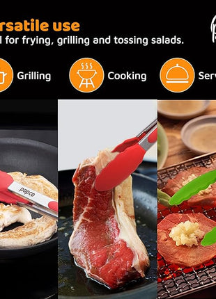 Popco 3 Piece Kitchen Tongs Set 7, 9, 12 Inch - Stainless Steel Nonstick Tongs with Silicone Tips - Heat Resistant and Dishwasher Safe for Cooking, Grilling, Salad, and Everyday Serving