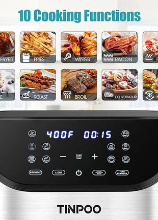 Air Fryer TINPOO 6.2 QT Oilless Large Capacity 1500W Oven Air Fryers Healthy Cooker with 10 Preset, Visual Cooking Window, Non-Stick Basket