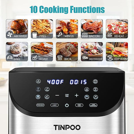 Air Fryer TINPOO 6.2 QT Oilless Large Capacity 1500W Oven Air Fryers Healthy Cooker with 10 Preset, Visual Cooking Window, Non-Stick Basket