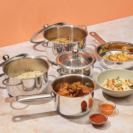 Vinod Stainless Steel Induction Friendly Tuscany Set 5 Pieces - Saucepan (14 cm/1.3 Litre), 3 Cassseroles (14 cm,16 cm & 18 cm/1.3,2 & 2.8 Litre), Frypan (18 cm) & 3 Glass Lids