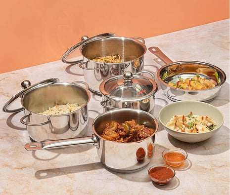 Vinod Stainless Steel Induction Friendly Tuscany Set 5 Pieces - Saucepan (14 cm/1.3 Litre), 3 Cassseroles (14 cm,16 cm & 18 cm/1.3,2 & 2.8 Litre), Frypan (18 cm) & 3 Glass Lids