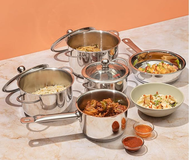 Vinod Stainless Steel Induction Friendly Tuscany Set 5 Pieces - Saucepan (14 cm/1.3 Litre), 3 Cassseroles (14 cm,16 cm & 18 cm/1.3,2 & 2.8 Litre), Frypan (18 cm) & 3 Glass Lids