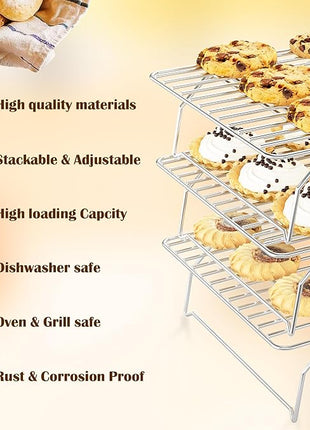 3 Tier Stackable Cooling Rack for Batch Cooling Cookie, Pizza, Cake-15.8”x 10”- Heavy Duty Cooling Racks for Cooking and Baking, Oven and Dishwasher Safe Baking Supplies-Silver