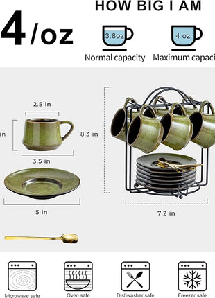 YHOSSEUN Ceramic Espresso Cups Set of 6, 4 Oz Expresso Shots Cup with Stand, Saucers & Spoons, Small Coffee Cup for Double Espresso, Mocha and Tea, Green