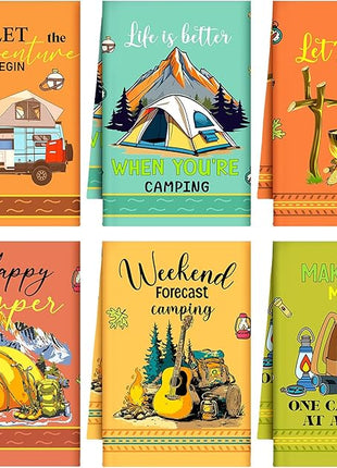 Boyiee Set of 6 Camping Kitchen Towels Absorbent Dishcloths Bonfire Tent Car Tea Towels 24 x 16 Inches with Funny Sayings Novelty Gifts for Campers Happy Camper Camping Accessories for Rv Campers