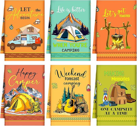 Boyiee Set of 6 Camping Kitchen Towels Absorbent Dishcloths Bonfire Tent Car Tea Towels 24 x 16 Inches with Funny Sayings Novelty Gifts for Campers Happy Camper Camping Accessories for Rv Campers