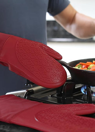 BPA-Free Silicone Oven Mitts Ultra Heat Resistant up to 500°F - Oven Mitts with Thick Cotton Liner - Long Slip Resistant Pot Holders, Flexible Oven Gloves - Empire Red 13.7
