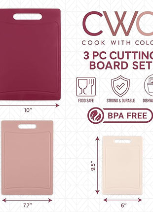 COOK WITH COLOR Non-Slip Cutting Board Set – Kitchen Essentials with Easy Grip Handle for Meat, Veggies, and Fruits, 3 Cutting Boards, Rose