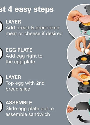 Hamilton Beach Breakfast Sandwich Maker with Egg Cooker Ring, Customize Ingredients, Perfect for English Muffins, Croissants, Mini Waffles, Perfect White Elephant Gifts, Mint (25482)