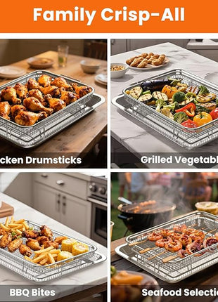 Air Fryer Basket for Oven, 2 Set Stainless Steel Pan & Crisper Tray (15"x11" &12.8"x9.7") with 60 Parchment Papers, Family-Size Non-Stick Oven Basket for Baking Chicken, Fries, Dishwasher Safe