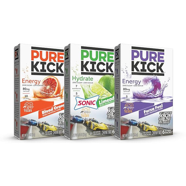 Pure Kick Forza Fuel Limited Edition Energy, Blood Orange Energy & Sonic Limeade Hydration Singles To Go Drink Mix – 3 / 6ct Boxes - 18 Total Packets