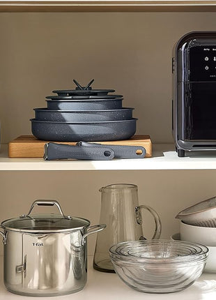 T-fal Ingenio Essentials Cookware Set with Detachable/Removable Handle 11 Piece, Granite Titanium Non Stick, Oven Broiler Safe 500F, Stackable, Pots and Pans Set, Frying Pans, Dishwasher Safe, Gray