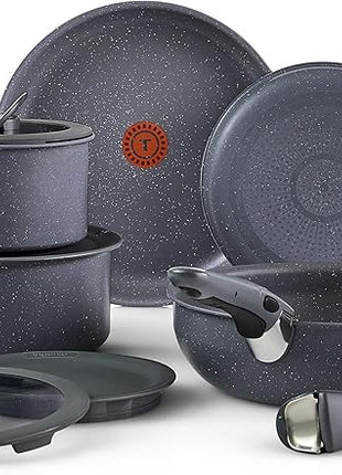T-fal Ingenio Essentials Cookware Set with Detachable/Removable Handle 11 Piece, Granite Titanium Non Stick, Oven Broiler Safe 500F, Stackable, Pots and Pans Set, Frying Pans, Dishwasher Safe, Gray