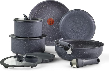 T-fal Ingenio Essentials Cookware Set with Detachable/Removable Handle 11 Piece, Granite Titanium Non Stick, Oven Broiler Safe 500F, Stackable, Pots and Pans Set, Frying Pans, Dishwasher Safe, Gray