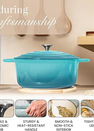 Nuovva Enamelled Cast Iron Dutch Oven Pot with Lid – 6.4 Quart Non Stick Casserole Pot – Heavy Duty & Oven Safe up to 500° F for Bread Baking, Braising, Stews, Roasting – 28cm Teal