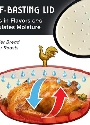 MUELLER HOME 5.5 Quart Enameled Cast Iron Oval Dutch Oven w Rooster Knob & Cotton Potholders, Heavy-Duty Cookware, Oven-Safe up to 500° F & Across All Cooktops, Gifts for Grandma & Women, Red