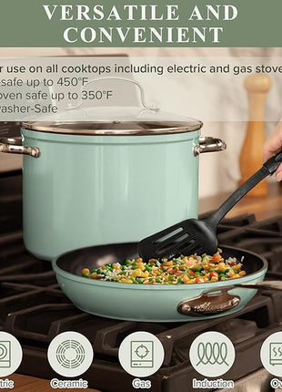 Nuwave Healthy Duralon Blue Ceramic Nonstick Cookware Set, Diamond Infused Scratch-Resistant, PFAS Free, Dishwasher & Oven Safe, Induction Ready & Evenly Heats, Tempered Glass Lids & Stay-Cool Handles