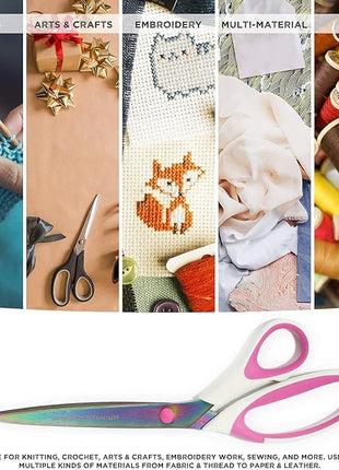 BambooMN Titanium Softgrip Scissors Set for Sewing, Arts, Crafts, Office - 1 set of 3 - White w/Pink Inlays