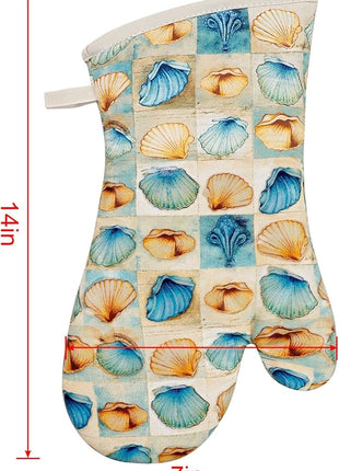 Oven Mitts Gloves 1 Pair Heat Resistant 480 ℉ Non Slip Clear Silicone Printed Shell Comfortable Cotton Lining Kitchen Men Cooking Barbecue Machine Washable (Shell, Beige Mitts)