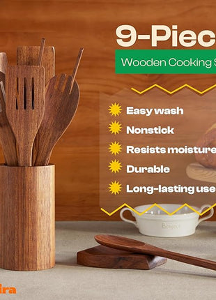 Riveira Teak Wooden Cooking Utensils Set of 9 Premium Quality Non-Toxic Wooden Spoons & Spatulas for Cooking, Stirring, Flipping & Serving