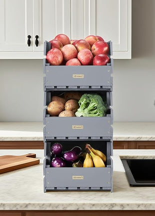 HABAU Wood Potato Onion Storage Bins - Wooden Stackable Produce Basket - Fruit Vegetable Storage for Kitchen Pantry Organization, Set 3 Pieces