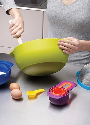 Joseph Joseph Nest 9 Plus, 9 Piece Compact Food Preparation Set with Mixing Bowls, Measuring cups, Sieve and Colander, MultiColor