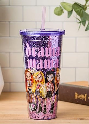 Silver Buffalo Bratz Drama Mama Featuring Cloe, Yasmin, Jade, and Sasha Plastic Confetti Cold Cup with Lid and Straw, 32 Ounces