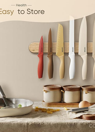 CAROTE 12 Pieces Kitchen Knife Set, Stainless Steel Knife Set With Nonstick Ceramic Coating, Dishwasher Safe with 6 Blade Guards, Rustproof, Brown