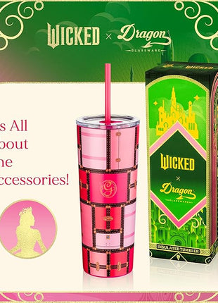 Dragon Glassware x WICKED Vacuum Insulated Tumbler with Lid and Straw - 24 oz Tumbler Cup with 2 Straws - Stainless Steel Tumbler with Straw for Water, Iced Tea - Wicked Glinda Tumbler