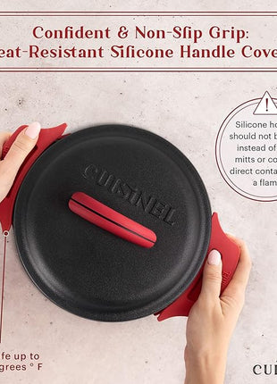Cuisinel Cast Iron Dutch Oven - 3-Quart Deep Pot + Lid + Pan Scraper + Handle Covers - Large Pre-Seasoned Cooker for Baking Bread, Soup, Frying - Indoor/Outdoor Kitchen, Camping, Fire, BBQ Cookware